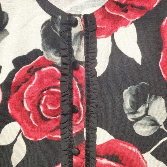 White House Black Market Cardigan Sweater Womens Medium Red Rose Floral Velvet - Picture 5 of 10